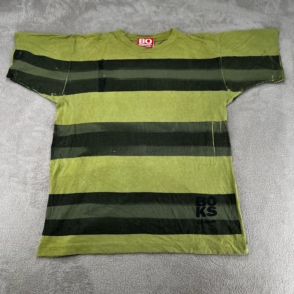 Vintage BO Men's Striped T-Shirt Size L Green Preowned Distressed Stains